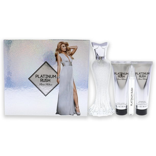 Platinum Rush by Paris Hilton pour Femmes - Coffret Cadeau de 4 Pièces 3,4 oz EDP Spray, 0,33 oz EDP Spray, Lotion pour le Corps de 3 oz, Gel Douche de 3 oz