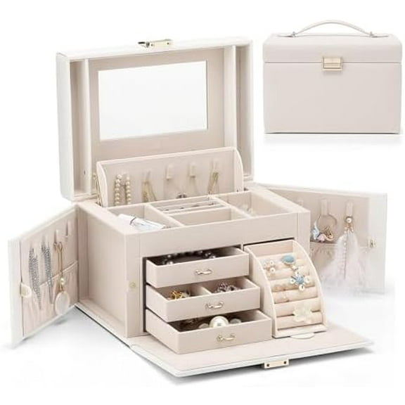 Mirrored Jewelry Box Organizer, Leather Jewelry Storage Case, Necklaces Earrings Rings Brackets Box Holder, Pearl White