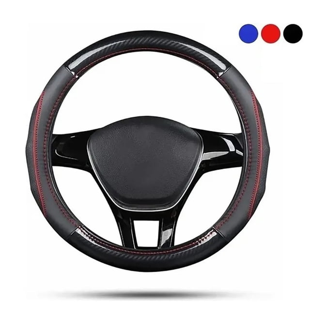 Funda Para Volante Fibra Carbono Cuero Vacuno Forma Redonda Modelo Rojo