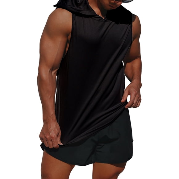 Graflsoa Men's Hooded Sleeveless Basketball Jersey - Breathable Mesh, Quick-Dry, Polyester, Solid Color, Regular Fit, Black, XL (BX002#)