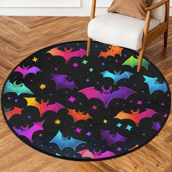 CURLYOOT Round Rug 3ft Halloween Bats Area Rug, Washable Circle Mat Non Slip Floor Carpet Mat, Gothic Soft Indoor Rugs for Entryway Living Room Dining Room Bedroom