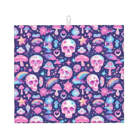 

Dish Drying Mats for Kitchen Counter mushroom rainbow color Skull 16x18in Dish Drying Pad Coffee Mat with Hanging Loop Super absorbent Kitchen Counter Mat Coffee Bar Accessories