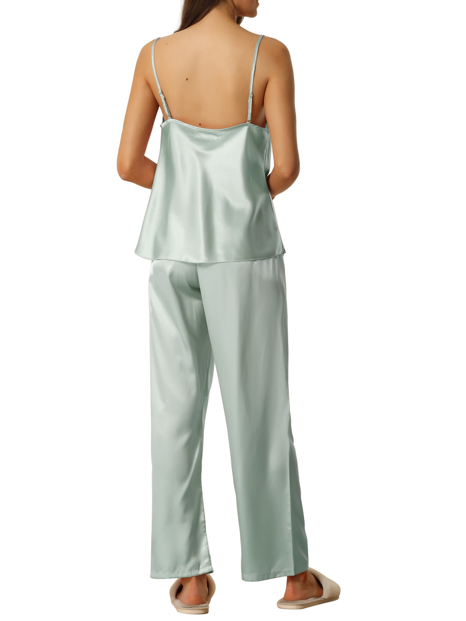 Unique Bargains Womens Satin Cowl Neck Cami Top with Long Pant Loungewear Pajama Set Blue S