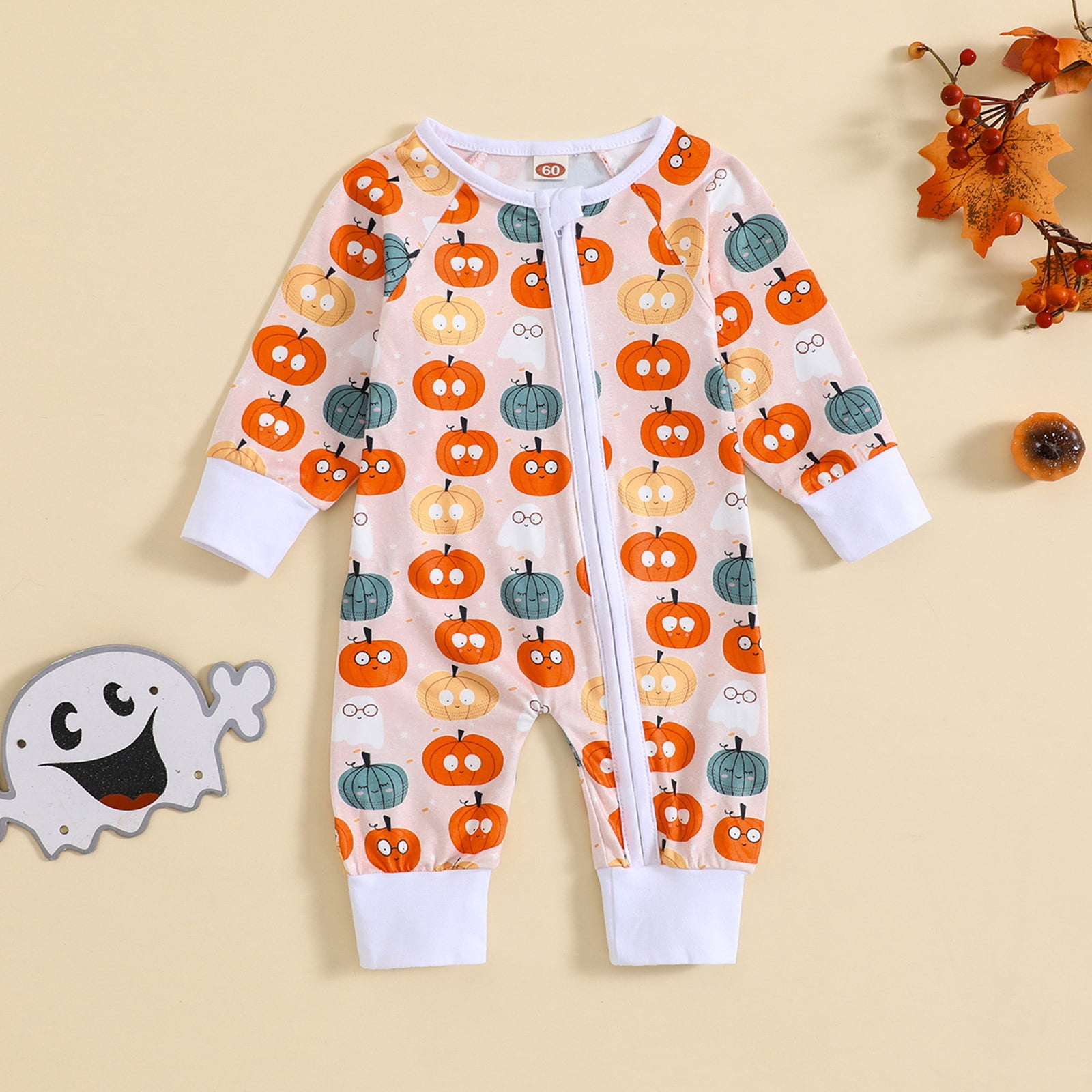 Baby Rompers Girl Toddler Fall Full Zip Jumpsuit Cartoon Pumpkin Print Long Sleeve One Piece Pajama Soft Comfort Baby Rompers Boy White 18 Months-24 Months