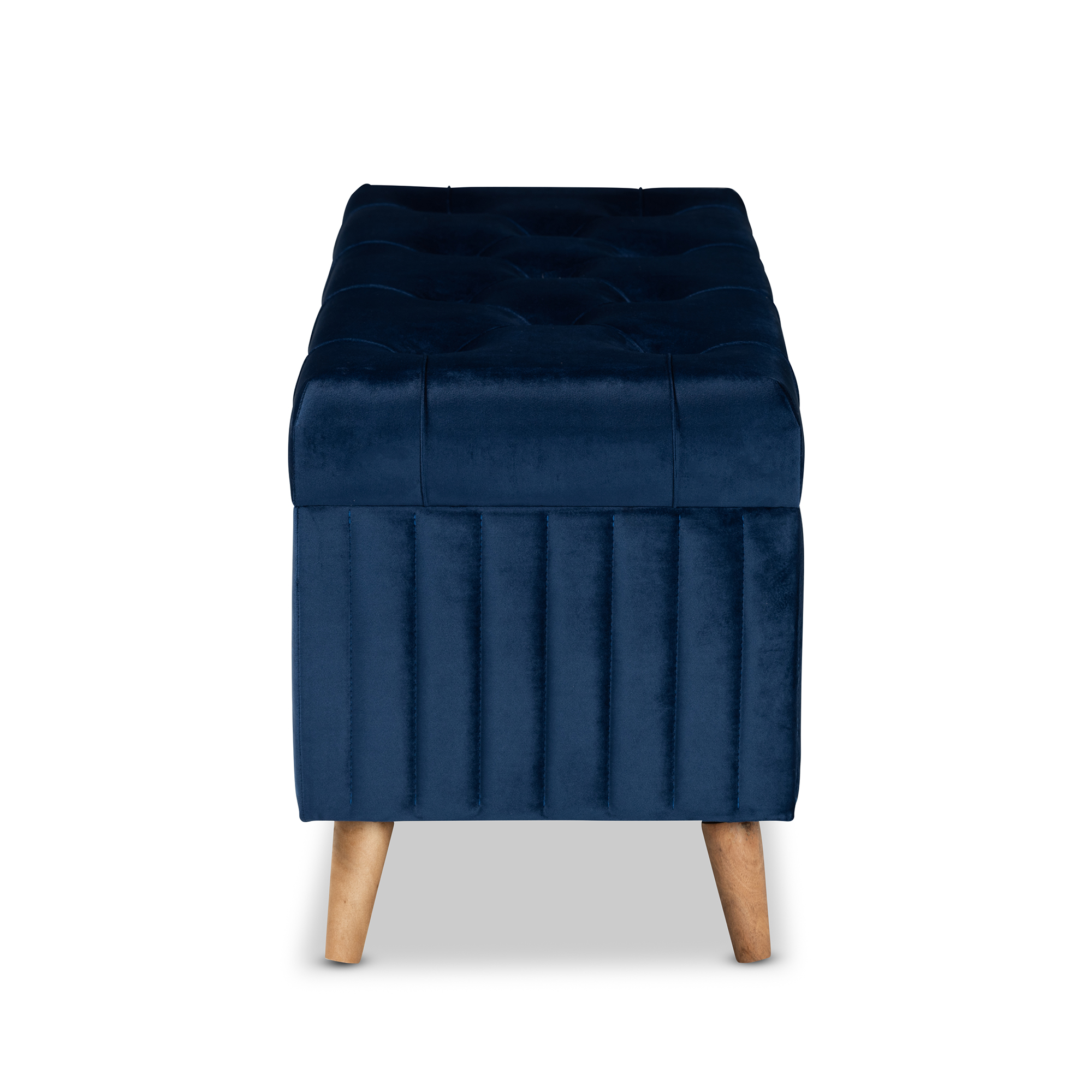 Baxton Studio Hanley Modern and Contemporary Navy Blue Velvet Fabric Upholstered and Walnut Brown Finished Wood Storage Ottoman