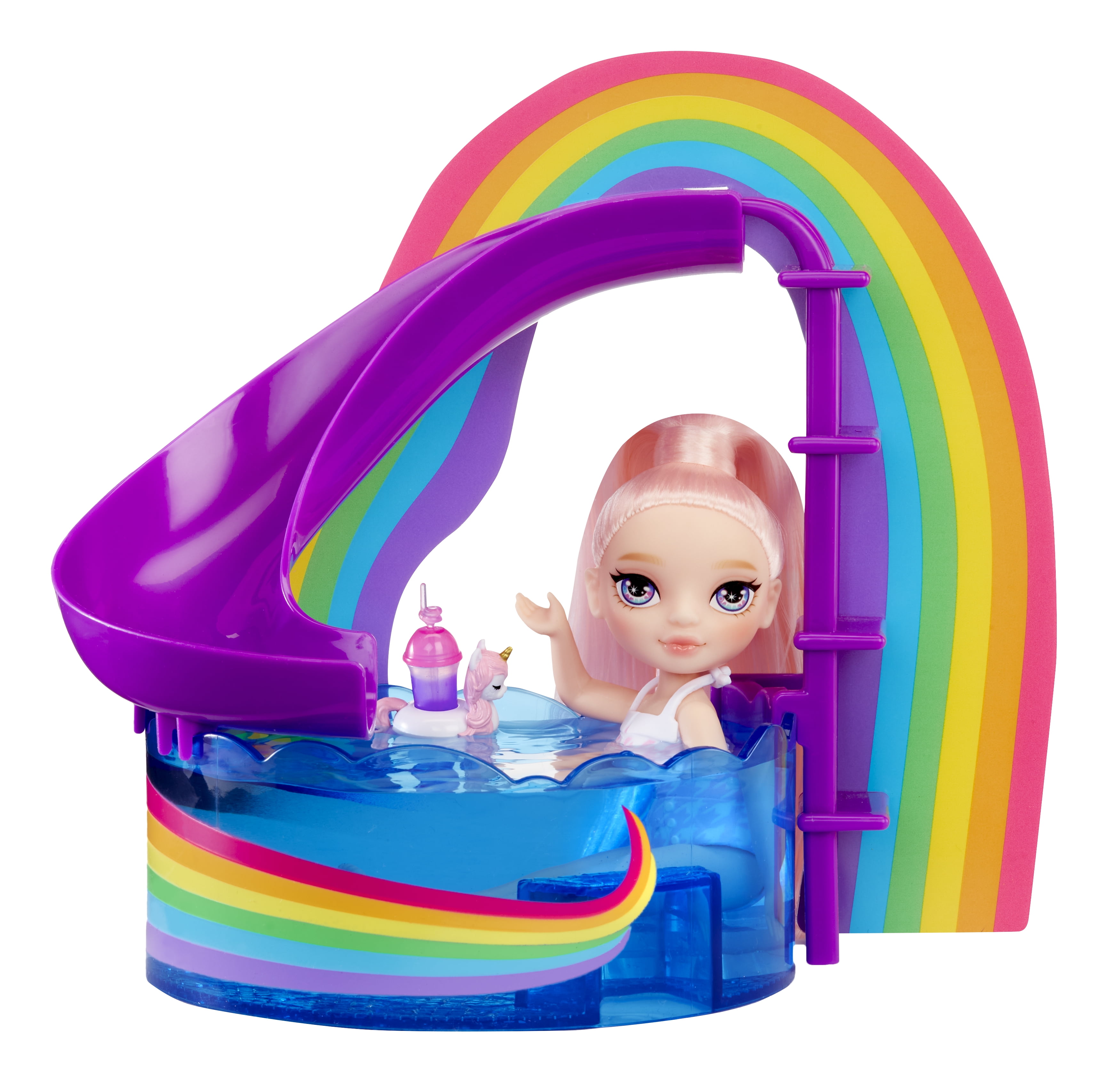 Rainbow High Littles Pool Day Playset + Small Doll (Pink 5.5”), Pool with Rainbow Slide,Kids Gift Ages 4+