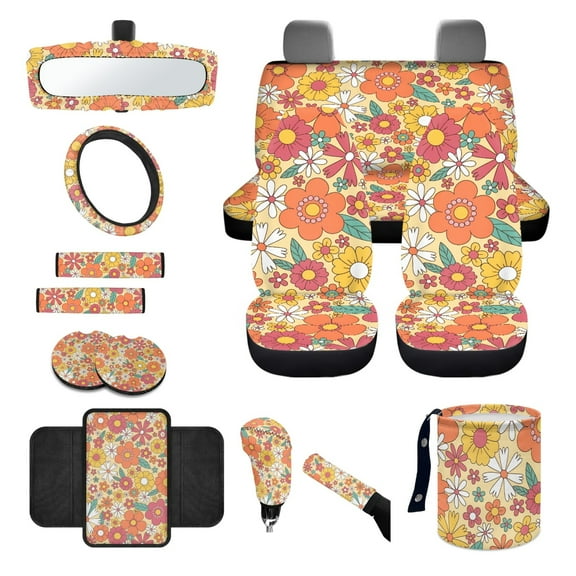 Renewold Hippie Flower Orange 14 PCS Car Seat Cover Full Set, Steering Wheel Seat Belt Cover Trash Can Rear View Mirror Cover Coaster Center Console Cover Gear Shift Knob Cover Set Universal Fit