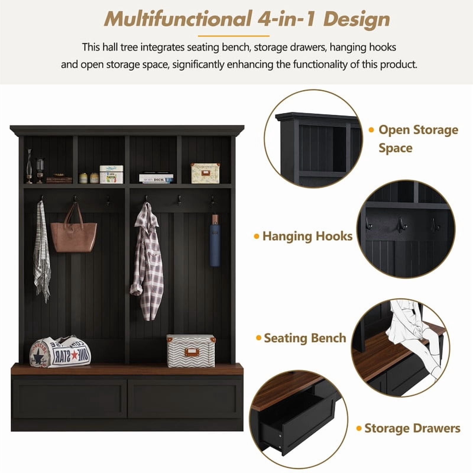 Farmhouse 4-in-1 Hall Tree with Storage Bench, Versatile Coat Rack with 2 Drawers, Entryway Organizer with 6 Hooks for Hallway, Living Room