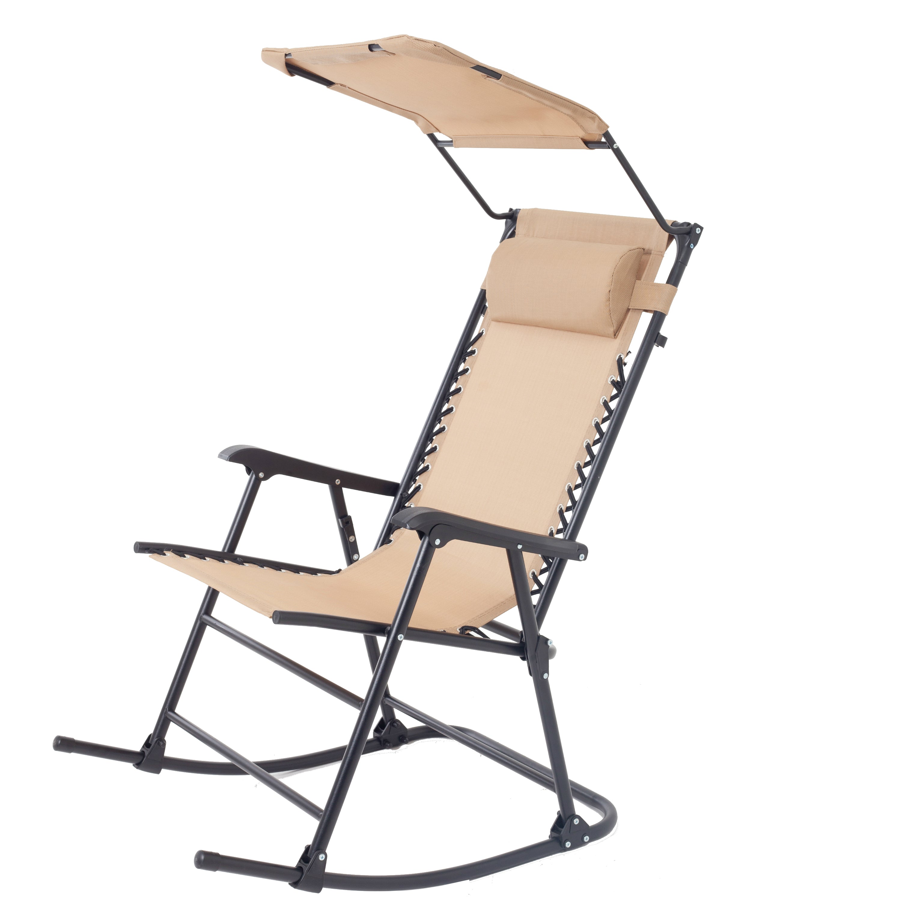 BTEXPERT Zero Gravity Folding Rocker Porch Sunshade Canopy Headrest Pillow Metal Outdoor Arm Beige, One Piece, Tan, Rocking Chair - image 2 of 5