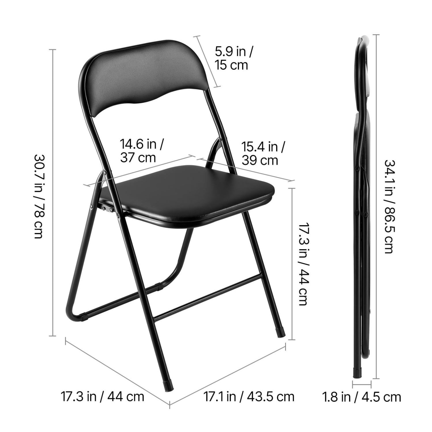 Folding Chairs Set of 4, Padded Leather Folding Chairs with Heavy-Duty Metal Frame, Portable Folding Chairs for Home, Parties, Events, Meeting Room, Black