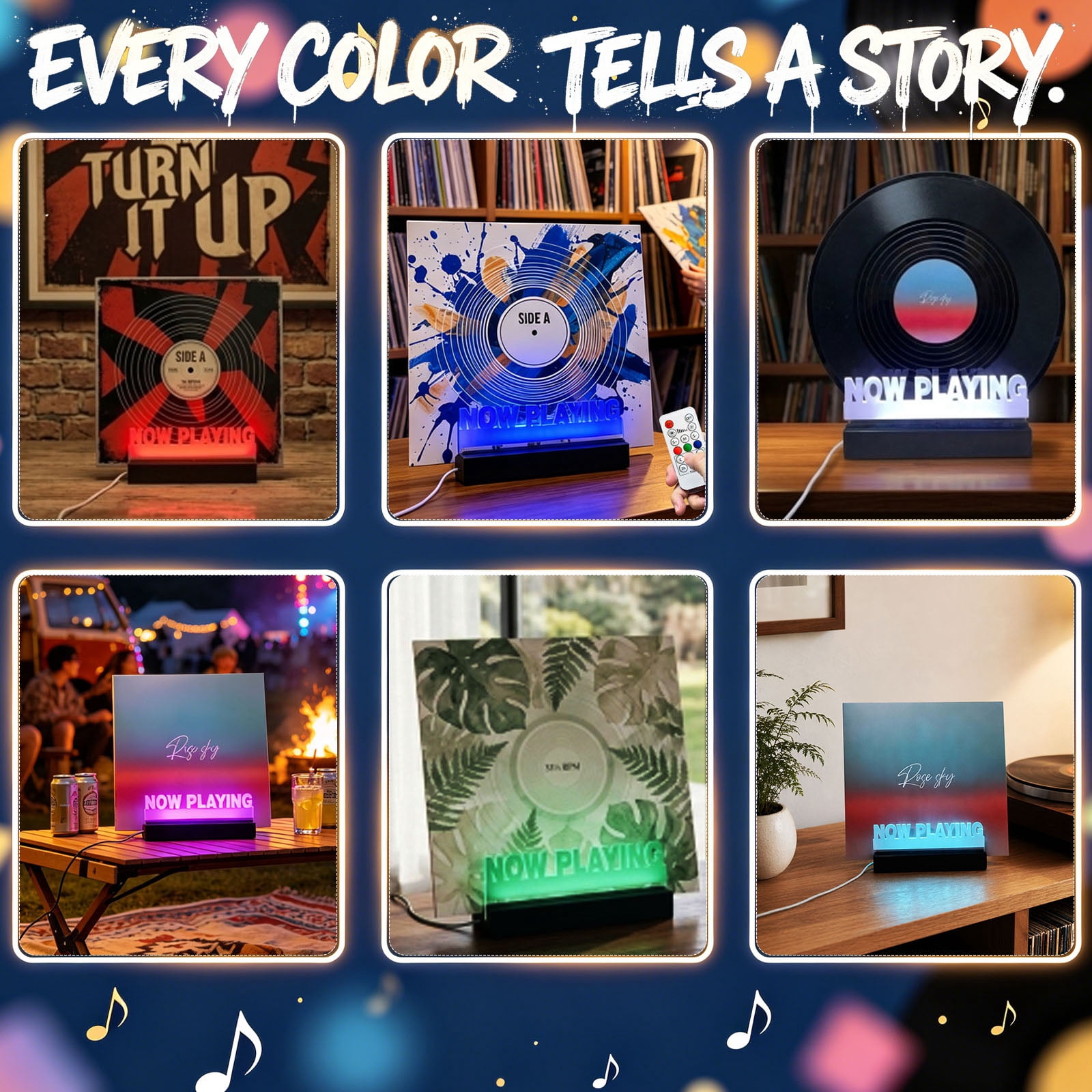 Now Playing Vinyl Stand 7 Color Change Switch Remote Control Dimming Timer USB Charge Retro Wooden Base Acrylic Panel Record Album Collection Display LED Night Light Desk Lamp Decoration