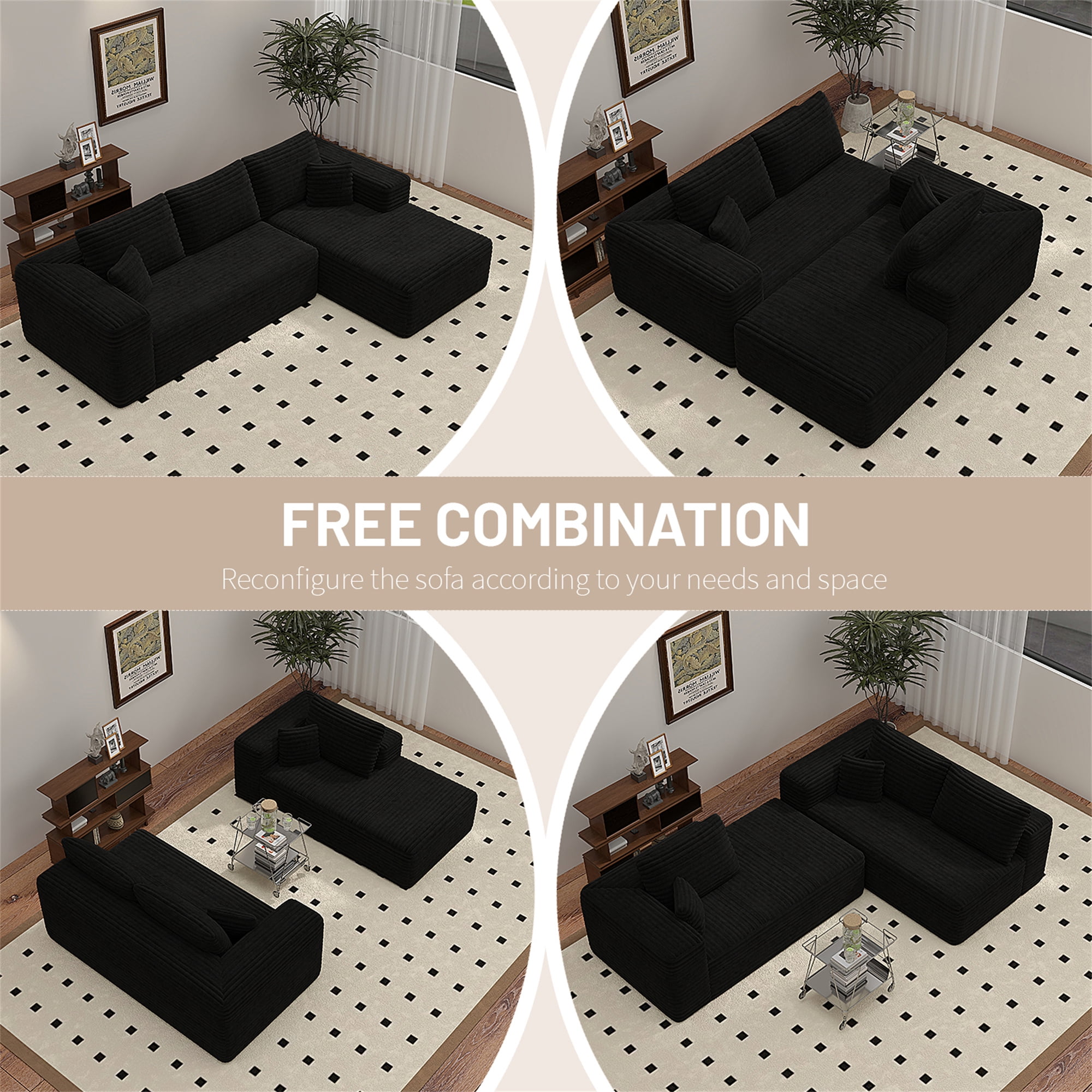 Aukfa 106" Cloud Sectional Sofa Boneless Couch Modular Sofa Bed for Living Room, 2Pillows, Left Chiase, Corduroy, Black