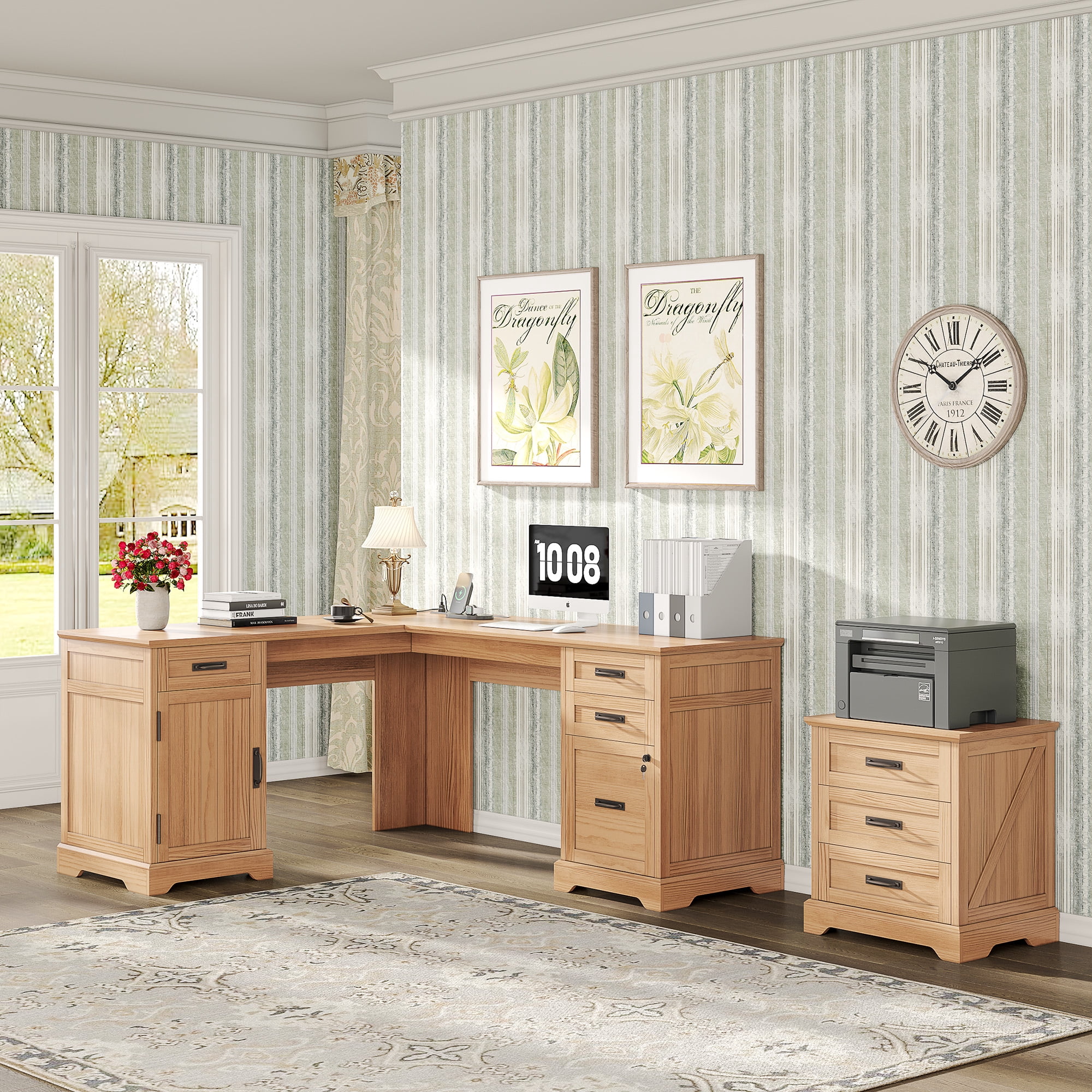 67'' Farmhouse L Shape Desk with File Drawers and Charging Station for Home Office, Walnut
