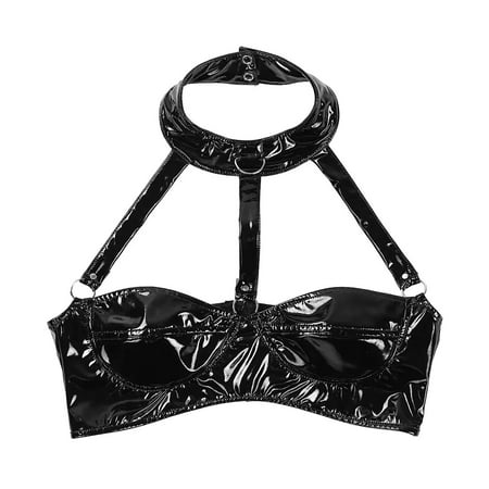 MQLKF High Gloss Leather Sexy Halter Neck Bra Leather Bra Adjustable Strap Underwear Intellectual Breathable Women Bodysuit