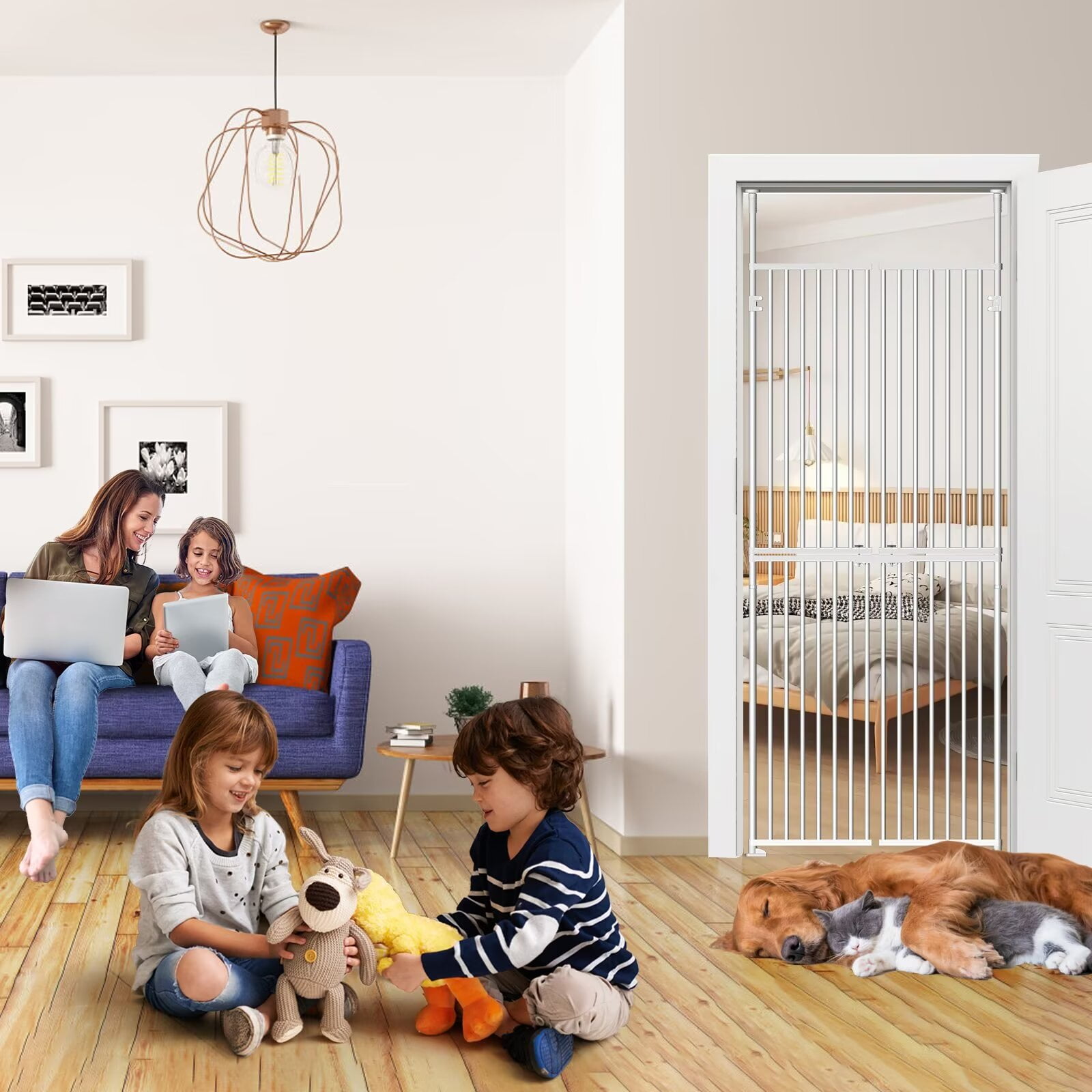 Lilypelle Extra Tall Cat Pet Gate, Adjustable 29.5-32 Inch Width 74.8-96.5 Inch Height, No Drilling Pressure Mounted, Walk Through Swing Safety Double Door Gate for Doorways, Stairs, Kitchen, House
