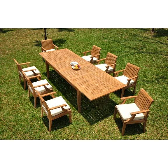 Grade-A Teak Dining Set: 8 Seater 9 Pc: 122" Atnas Double Extension Rectangle Table And 8 Lagos Arm Chairs Outdoor Patio WholesaleTeak #WMLGw