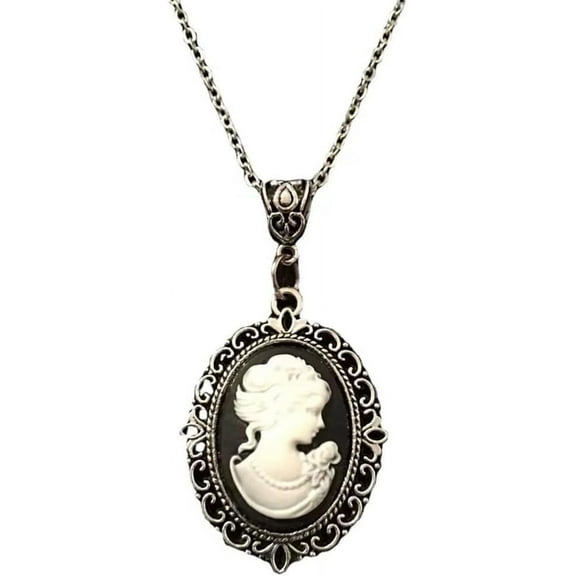Lady Cameo Enamel Pendant Silver Plated Chain,Oval Lady Maiden Cameo Necklace,Gothic Jewelry For Women