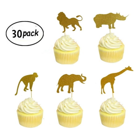 Jungle Animal Cupcakes - 30 Pack Gold Glitter Jungle Animal Toppers Cupcake Picks Jungle Animals for Jungle safari Animals Party Baby Showers Birthday Party Cake Decorations
