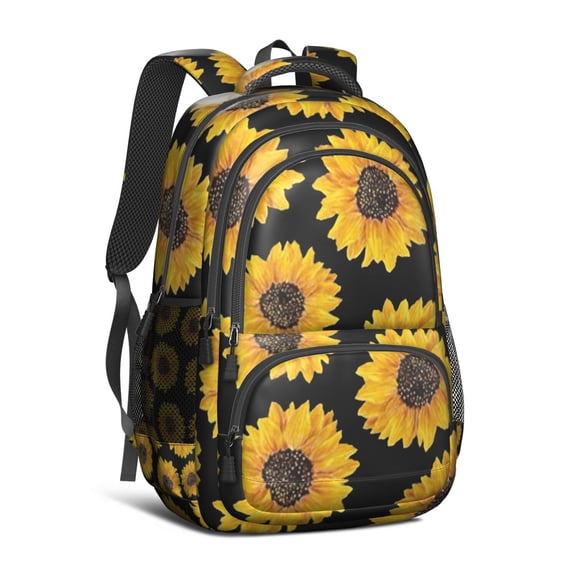 Black Sunflower Backpack for School,Cute School Bag,Schoolbag with Adjustable Shoulder Straps & Padded Back,16.9 Inch
