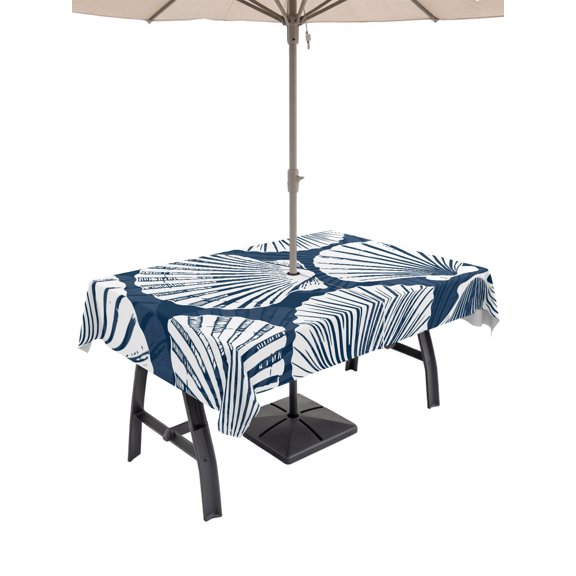 Outdoor Tablecloths with Umbrella Hole & Zipper, Navy Blue Scallop Coastal Rectangle Tablecloth 52x70 Inch, Summer Beach Nautical Waterproof Table Cloth, Patio/Pool/Picnic Table Covers
