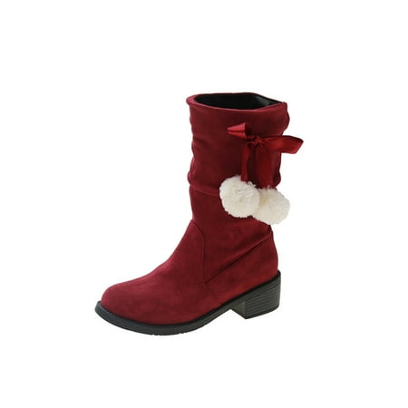

Lacyhop Womens Riding Boots Block Slouch Bootie Pull On Fashion Boot Work Lightweight Booties Slip Resistant Fuzzy Hairball Winter Shoes Wine Red 4.5