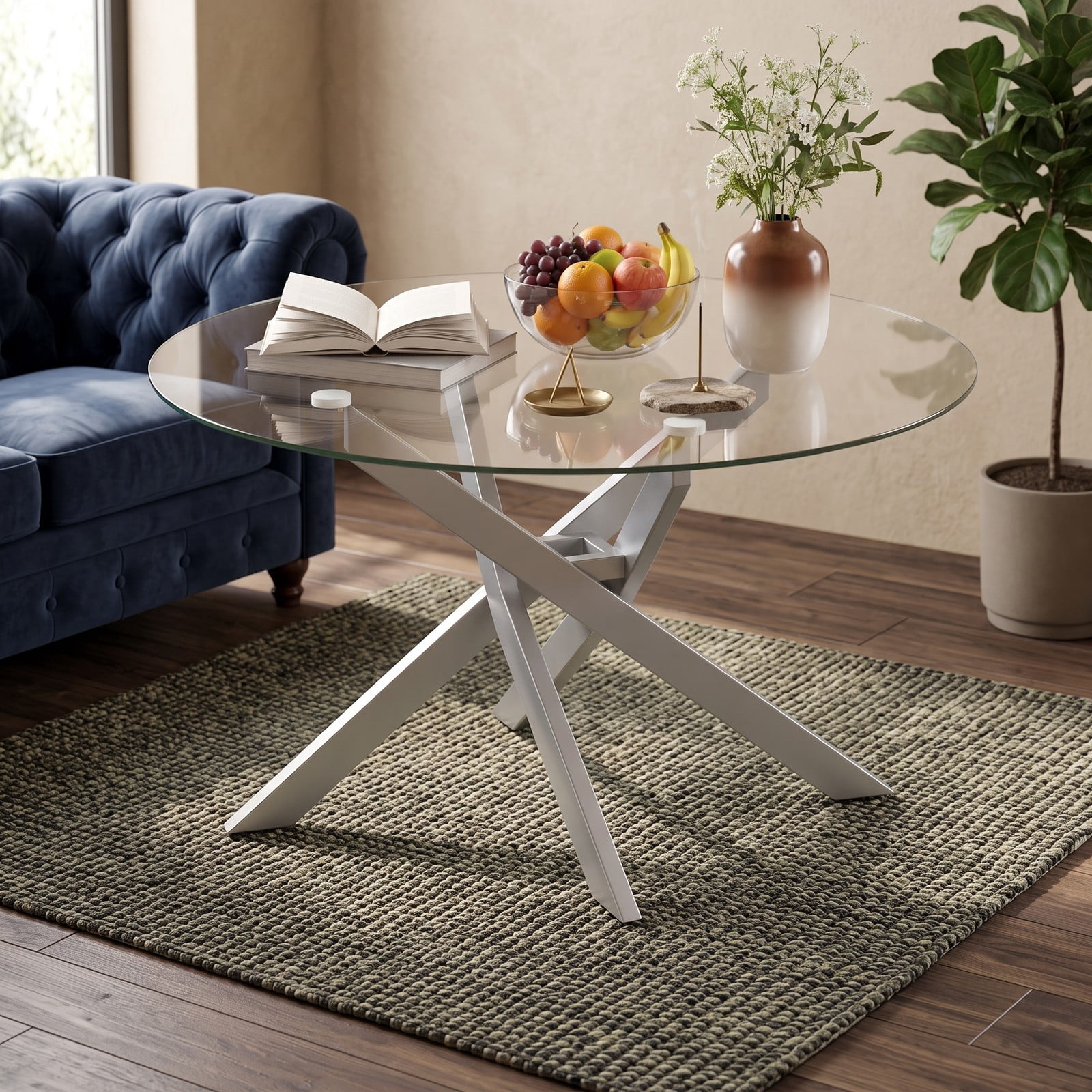 Furnibear Round Glass Coffee Table, Modern Tempered Glass Top Center Table with Geometric Metal Frame for Living Room, Adjustable Foot Pads, Clear & Silver