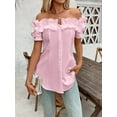 thumbnail image 3 of ZOELNIC Women's Sexy Ruffle Trim Off Shoulder Short Sleeve Button Down Blouse Shirts Summer Loose Tunic Tops, M, 3 of 6