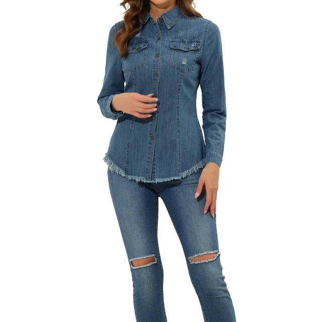 INSPIRE CHIC Chemisier en Denim à Col Pointu pour Femmes Manches Longues Ourlet Brut Usé TP Bleu