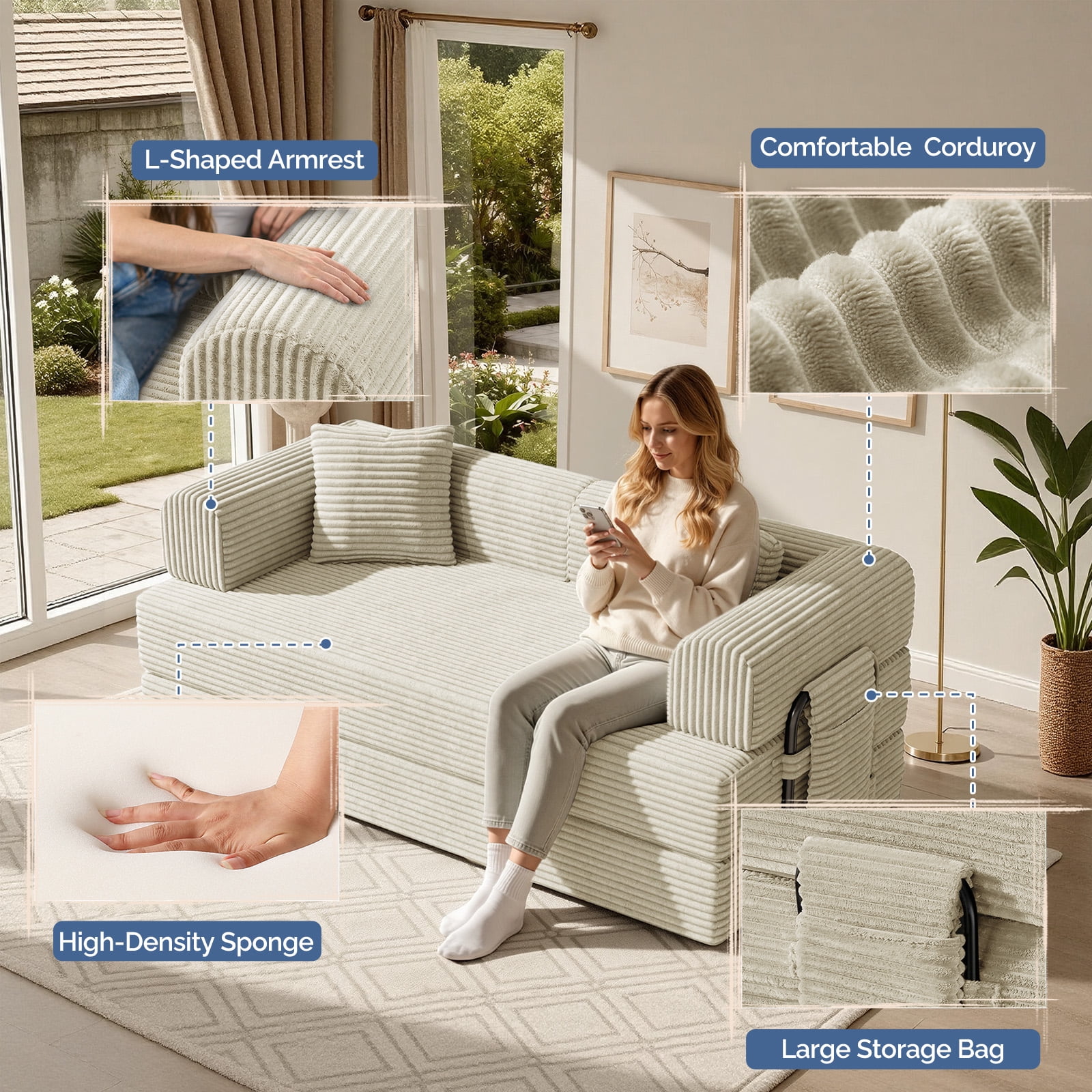 Daluvenix 4-in-1 Folding Convertible Sofa Bed 81 Inch Oversized Corduroy Upholstered Boneless Couch Loveseat Sleeper with Pull Out Bed Beige