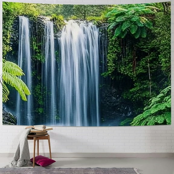 Autua Rainforest tapestry wall hanging, green tropical plants and waterfall tapestry, polyester fabric large family tapestry, living room bedroom dormitory decoration 40x30inch