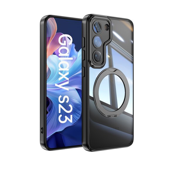 ELEHOLD Case for Samsung Galaxy S23, Shockproof Anti-Scratch Full Camera Protector Case with 360° Ring Holder Stand,Black
