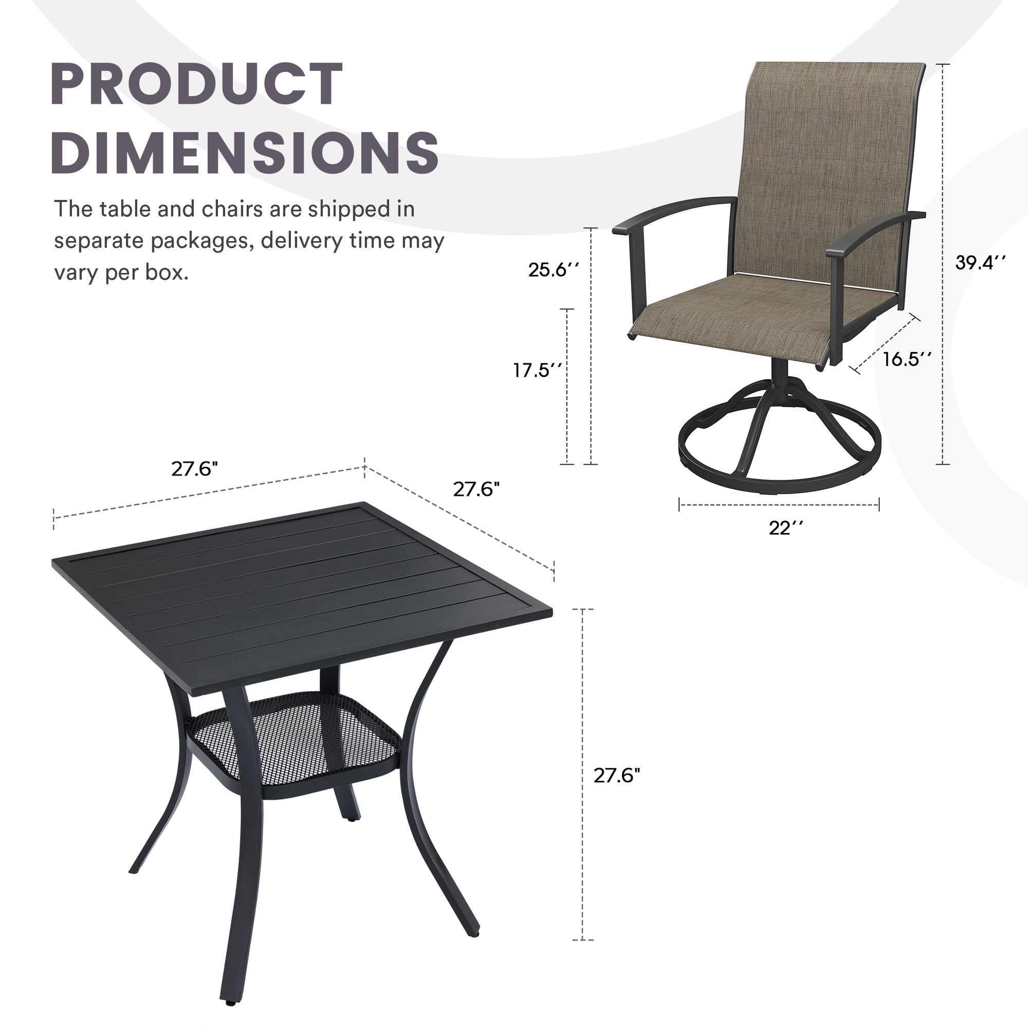 DIFY 3PCS Patio Dining Furniture Set, 28" Square Slatted Table and 2 Swivel Textilene Chairs