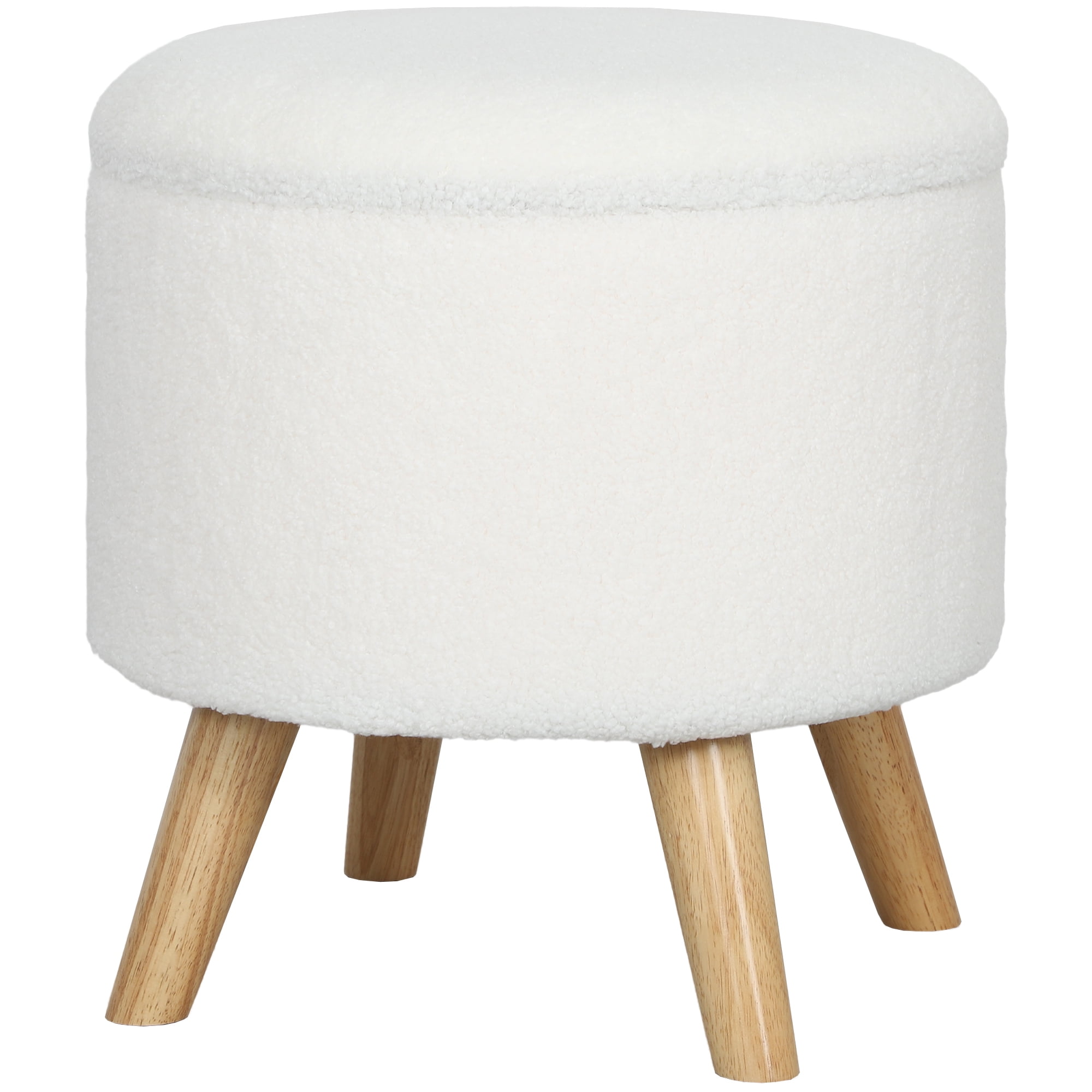 HOMCOM Storage Ottoman, Round Footstool with Linen Feel Fabric Upholstery, Removable Top, Hidden Space and Wood Legs for Living Room, White