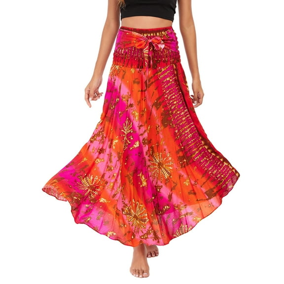 Lu's Chic Women's Long Boho Skirts Bohemian Hippie Skirts Summer Travel Beach Flowy Gypsy Maxi Long Skirts Pleated Halter Midi Dresses Smocked Elastic High Waist Tie Dye Bright Red Small-X-Large