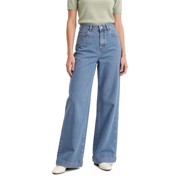 Deago Women's Wide Leg Jeans Casual High Waisted Stretchy Button Straight Leg Jeans Baggy Loose Denim Pants with Pockets (Light Blue, S)