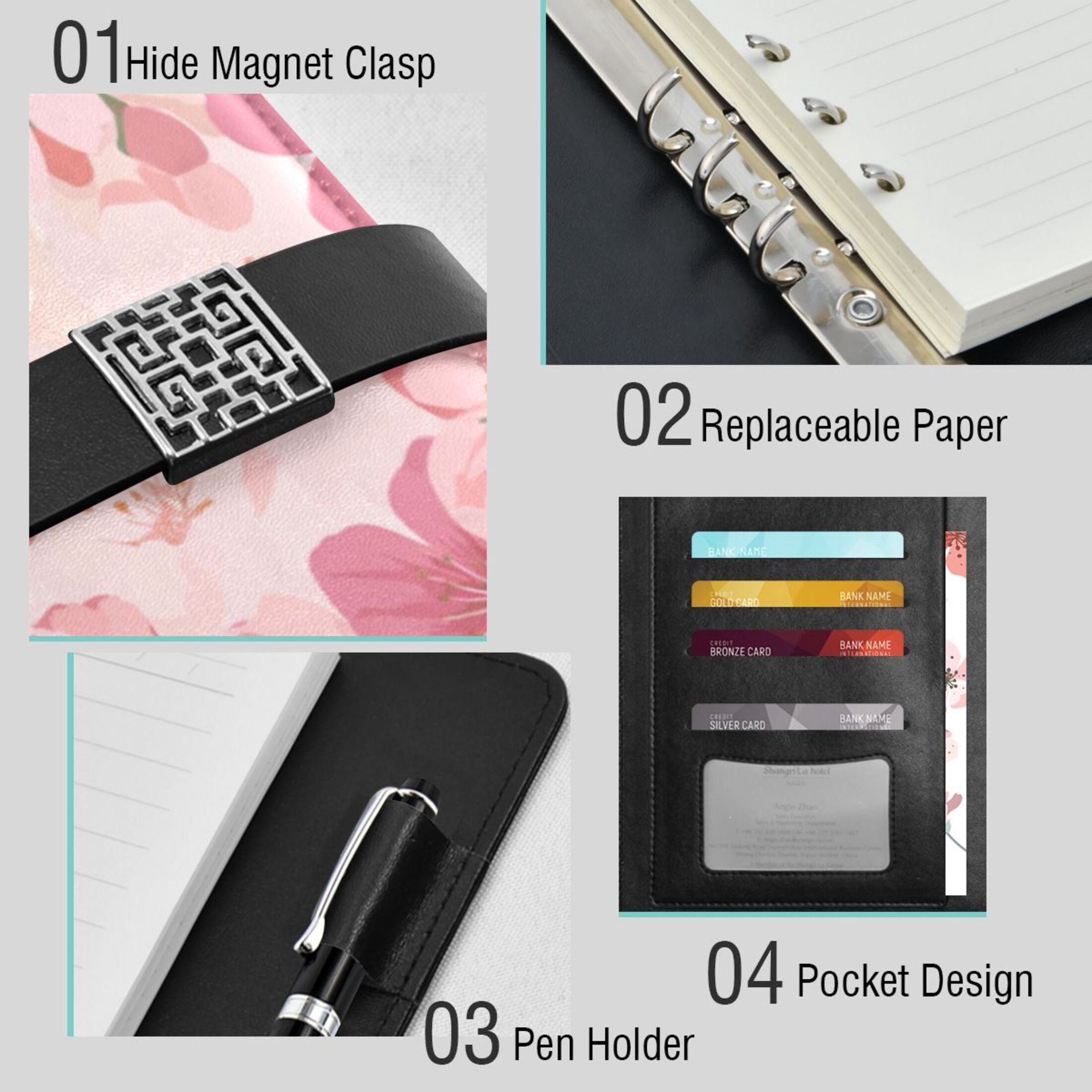 Leather Planner Leather Notebook Notebook Journal Binder Design Pen Pocket Design Convenient for Storage Light Pink Flowers on Cloth