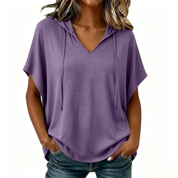 fatyb Womens Short Sleeve Hoodies V Neck Drawstring Pullover Tops Lightweight Summer Shirts with Hood