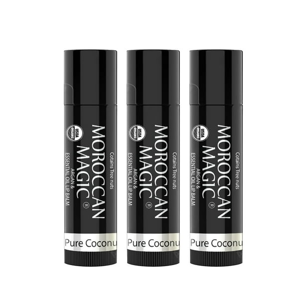 Bálsamo labial mágico marroquí orgánico, paquete de 3 | Juego de bálsamo labial de coco puro | Barras labiales para labios secos | Elaborado con aceites esenciales naturales de argán, humectante labia