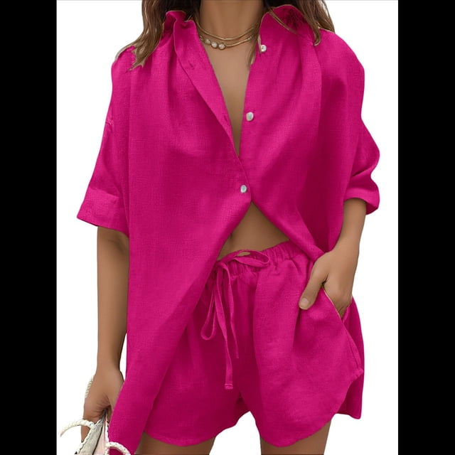 Conjunto de Chándal de 2 Piezas para Mujer, de Verano, con Top de Corta y Pantalones Cortos. Rosa Roja M