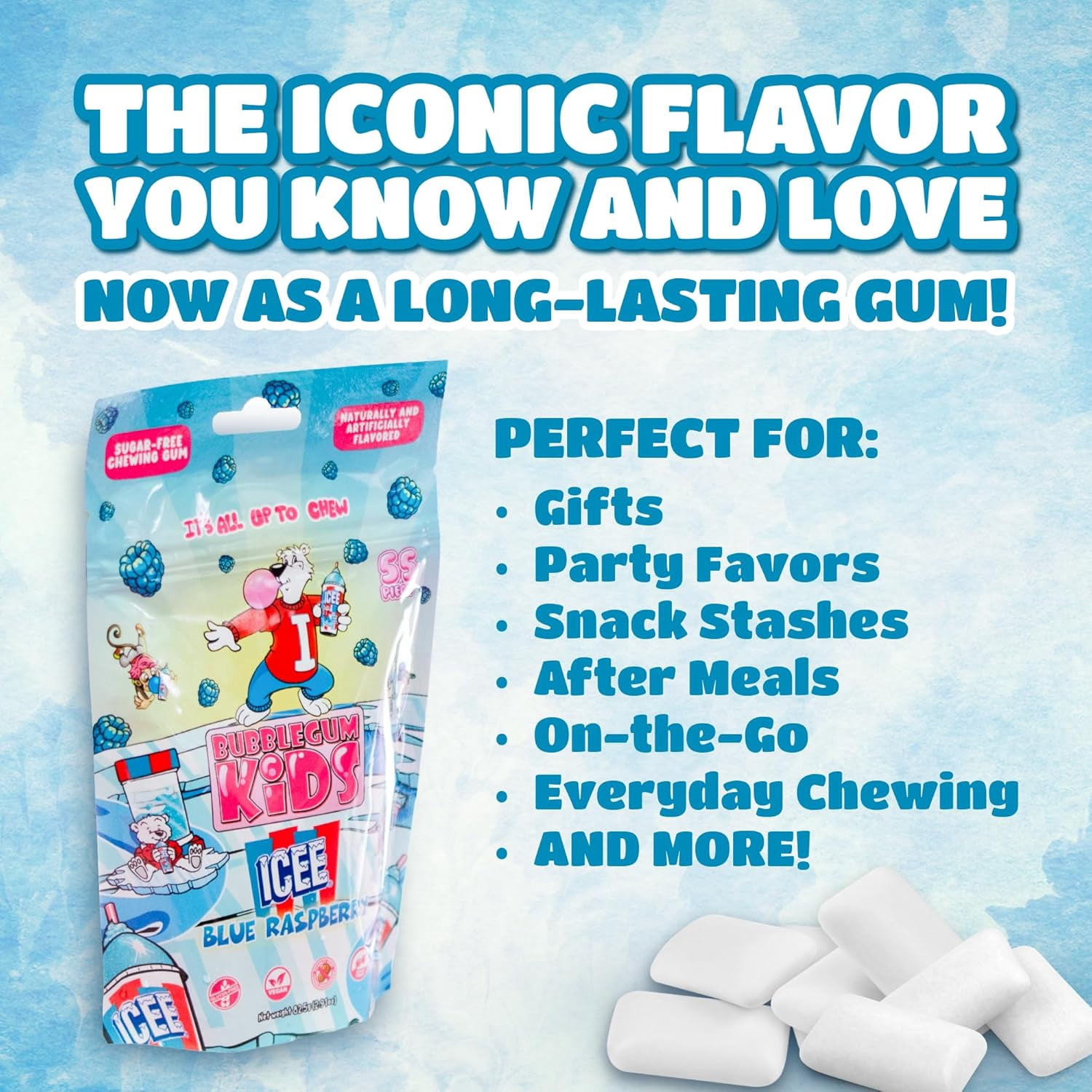 Bubblegum Kids ICEE Sugar Free Gum with Xylitol, Low Calorie Chewing Gum, Blue Raspberry Flavor, 10-Pack (55 Count/Pack)