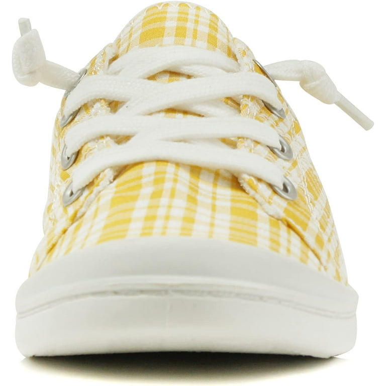 Soda Flat Women Shoes Linen Canvas Slip On Sneakers Lace Up Style Loafers Zig S Yellow Mustard Plaid 7