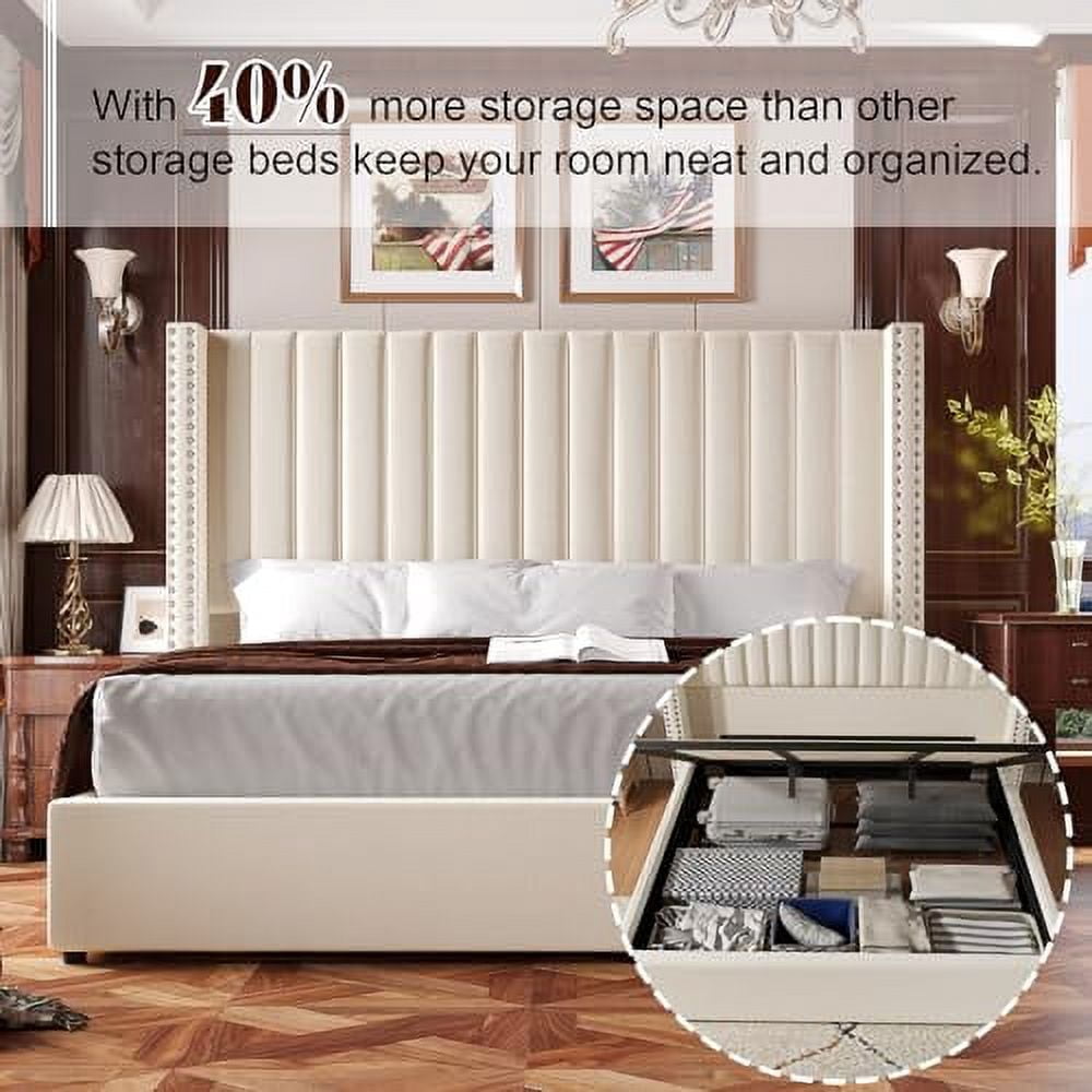 VanAcc Lift up Storage Bed Frame King Size, Upholstered Platform Bed Velvet with Channel Tufted Wingback Headboard, No Box Spring Needed, Cream