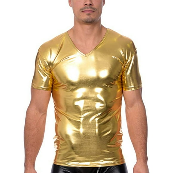 Camiseta de manga corta y camiseta interior de poliéster para hombre, de verano, brillante, ajustada, a la moda, moldeadora, estilo discoteca.