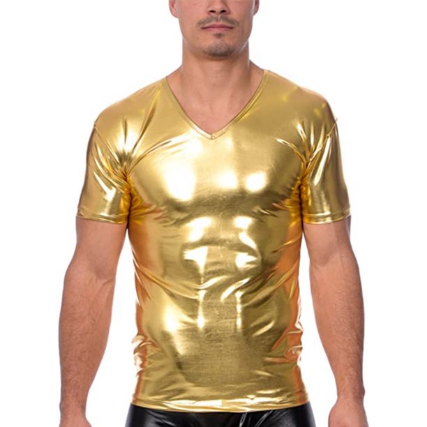 Camiseta de manga corta y camiseta interior de poliéster para hombre, de verano, brillante, ajustada, a la moda, moldeadora, estilo discoteca.