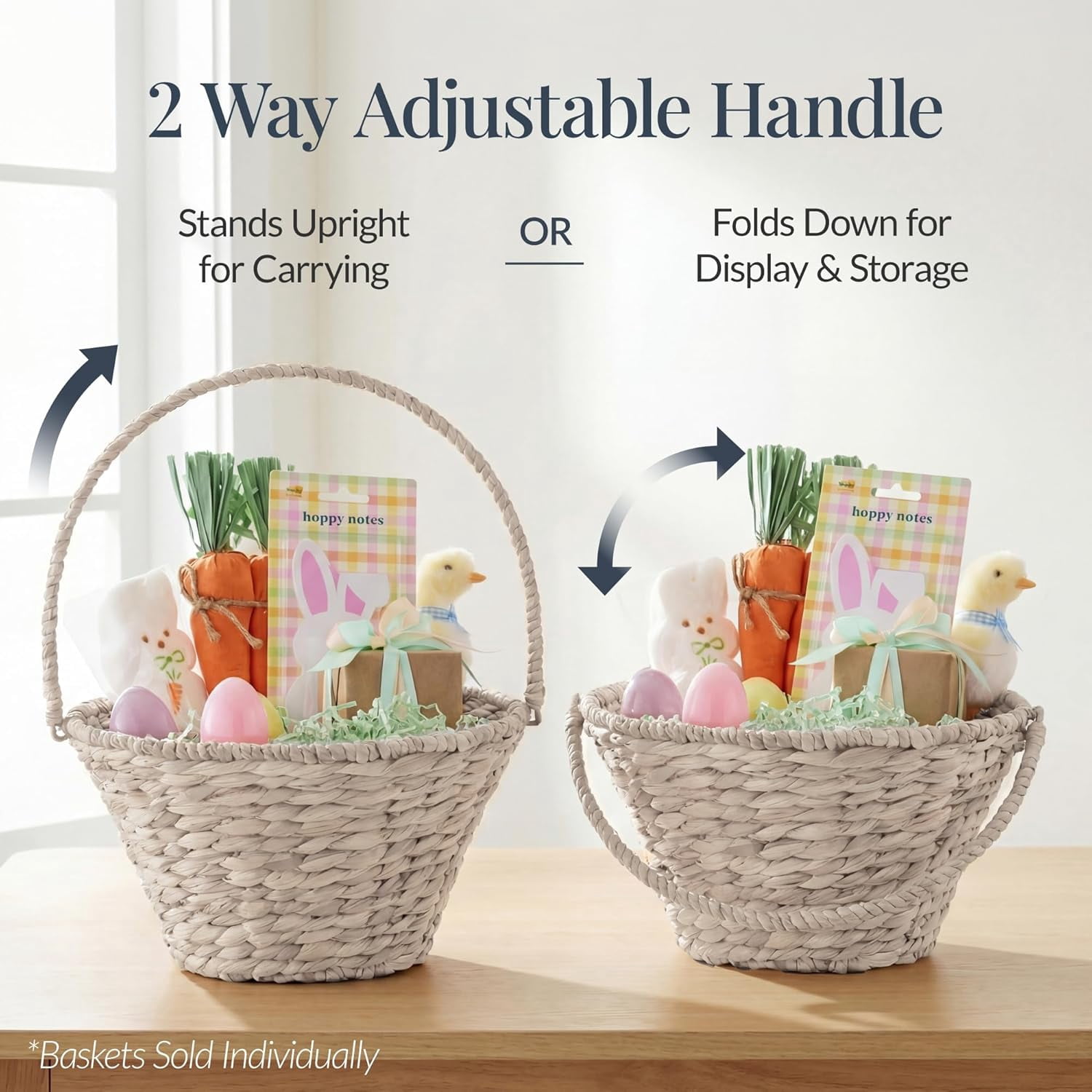 Themis Handwoven Easter Basket, Small Woven Easter Basket for Kids, Easter Egg Hunt Basket w/Collapsible Handle, Tapered Shape, Water Hyacinth - White