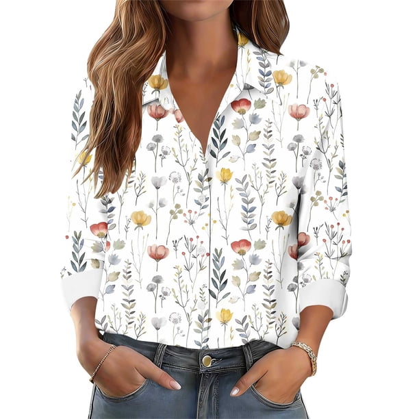 TaTaai Women Casual Printed Button Down Shirt Long Sleeve Collared Top Ladies Spring Autumn Daily Commute Office Wear Soft Breathable No Fading Machine Washable Stylish Blouse Gift