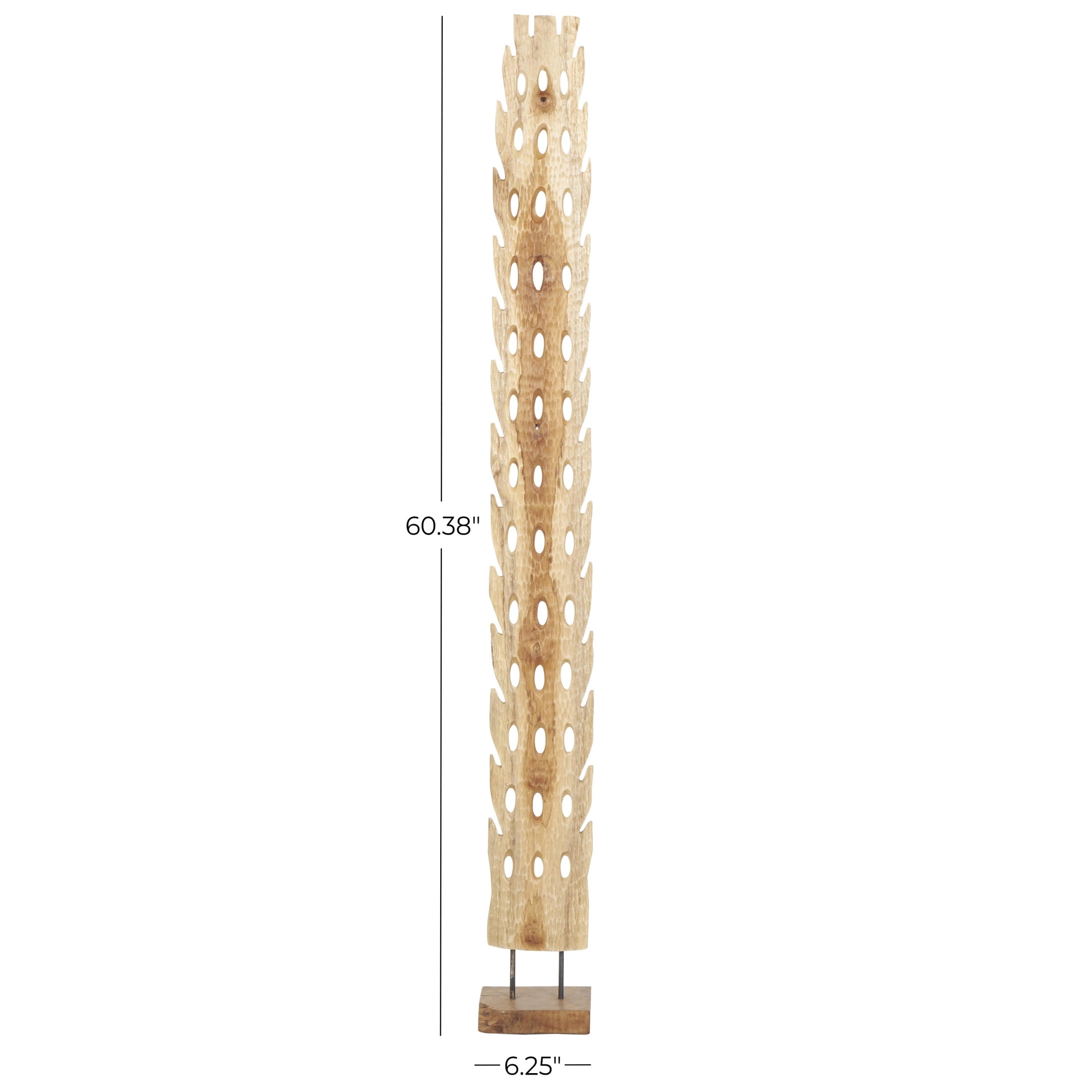 7" x 60" Brown Teak Wood Handmade Tall Floor Cutout Post Abstract Sculpture with Live Edge Base, by DecMode