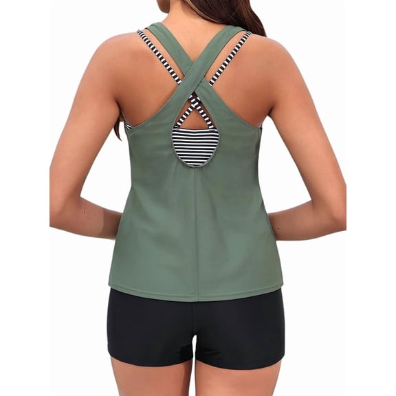 3 Piece Tankini Swimsuits for Women Swim Tank Top with Bra Boy Shorts Teen Swimwear Green XXL