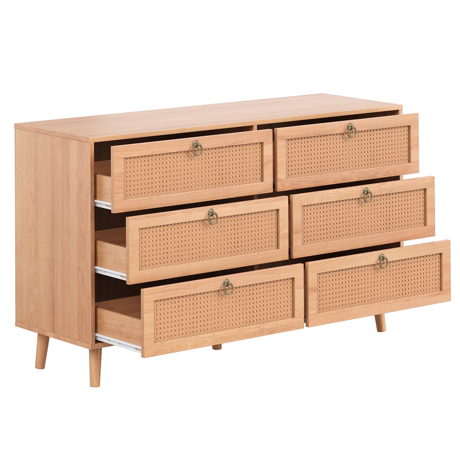 Hommoo Rattan 6 Drawer Double Dresser, Modern Storage Cabinet Chest of Drawers for Home, Natural