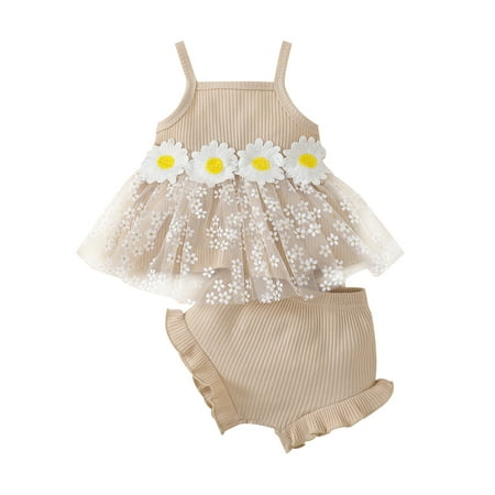 

Qtinghua Infant Baby Girl Summer Outfit Sleeveless Daisy Flower Straps Tulle Tank Tops High Waist Bottoms Shorts Set Apricot 6-12 Months